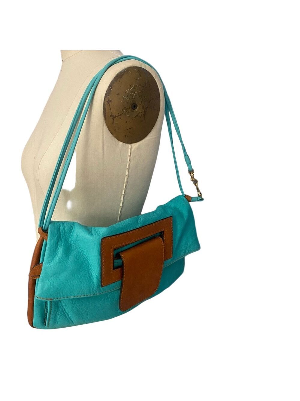 Vintage Italian 3-in-1 Convertible Leather bag Turquoise & Cognac MODA in ITALIA